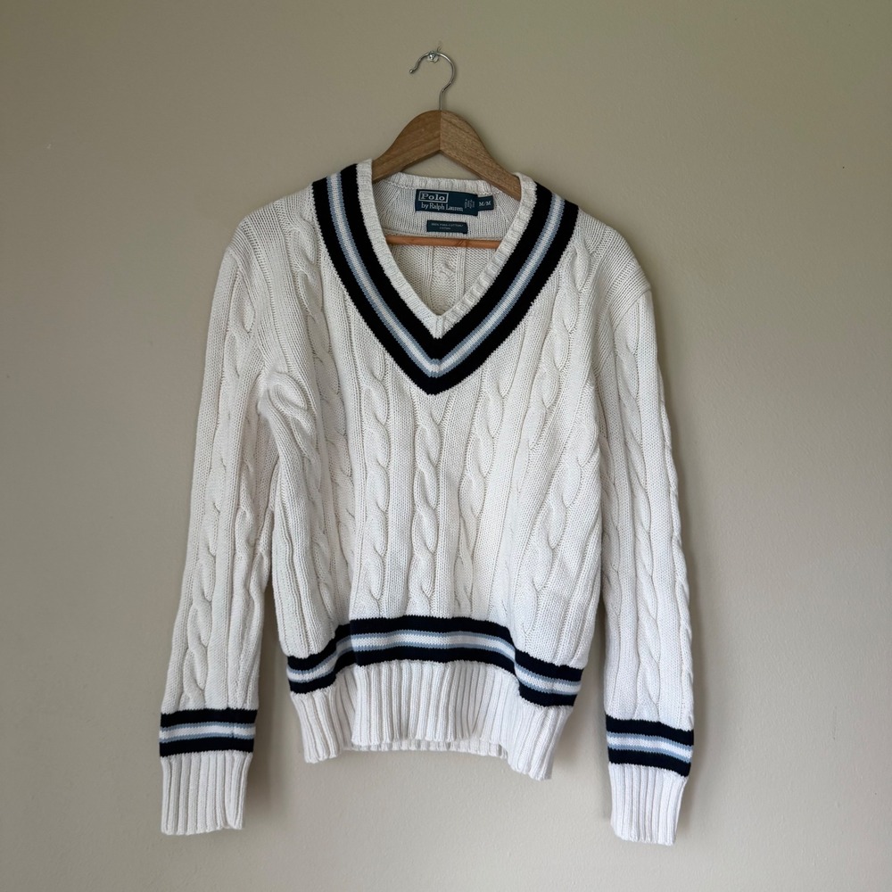 Vintage Polo Ralph Lauren Chunky Cable Knit V-Neck Sweater Size Medium